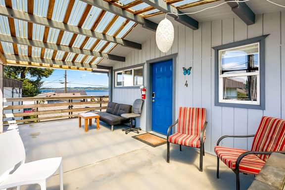 Studio with covered deck and Birch Bay View